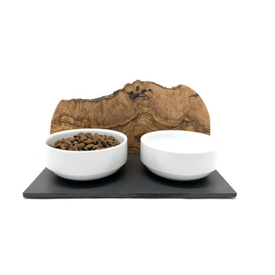 elegante Futterstation Cats only DUO MOUNTAIN aus Olivenholz auf schwarzer Platt mit 2 Porzellanschüsseln à 0,4l: 100% Natur, exclusiv, langlebig, leicht zu reinigen.