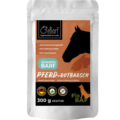 Fix-BAF Pferd mit Rotbarsch - gegartes BARF - 100 % Naturfutter, - gegartes BARF für Hunde