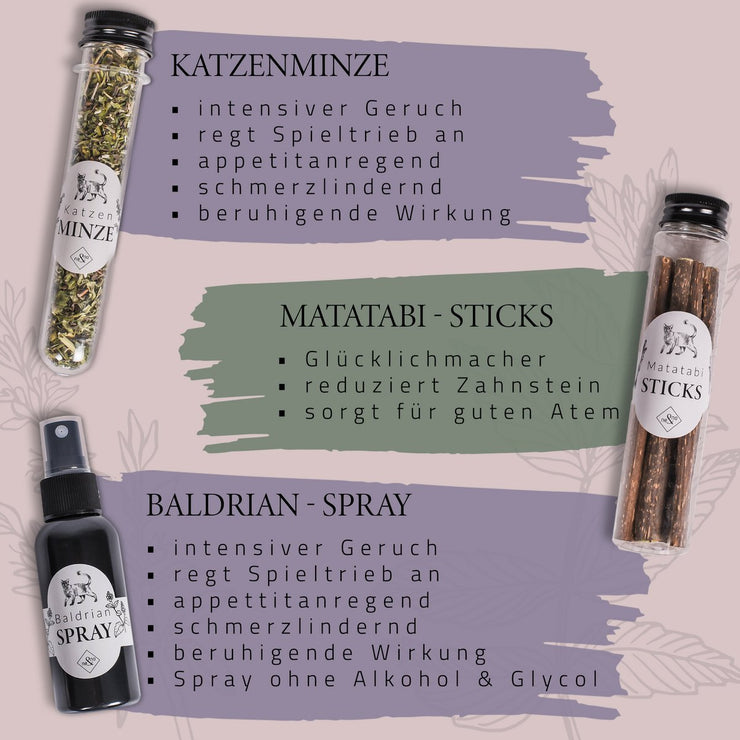 ne&no Geschenkset mit Katzenminze, Matatabi-Kausticks und Baldrianspray. Das perfekte Geschenk für Katzenfreunde und ihre tierischen Begleiter!